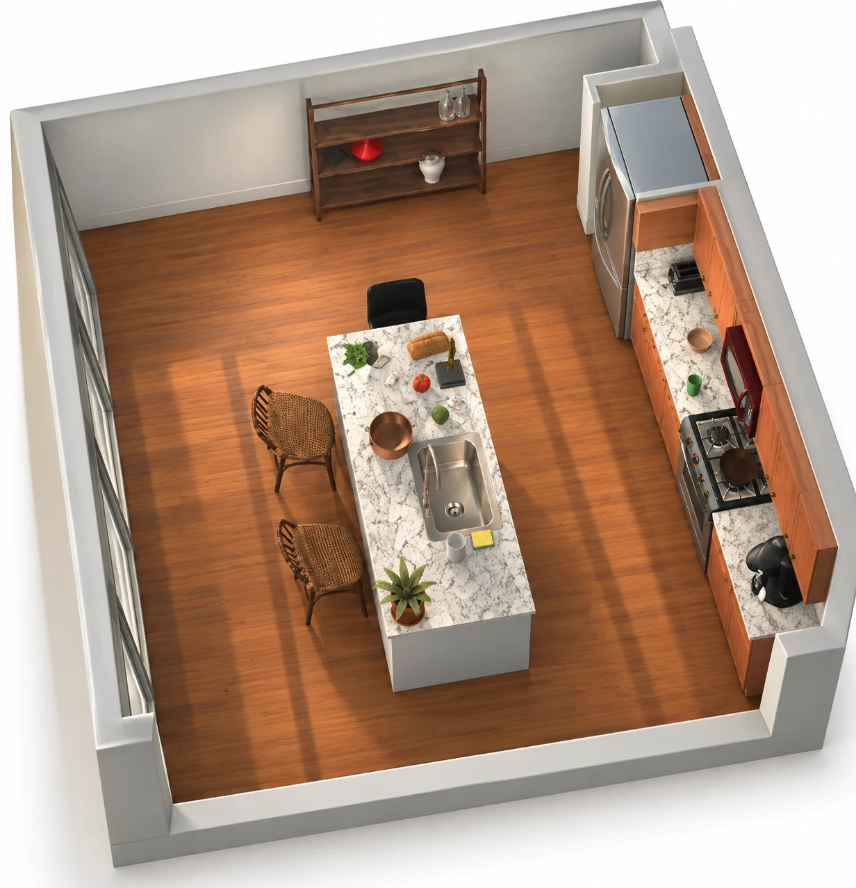 Illustrative oblique reconstruction of the kitchen scene, with a sink island, stove, refrigerator and wooden shelf